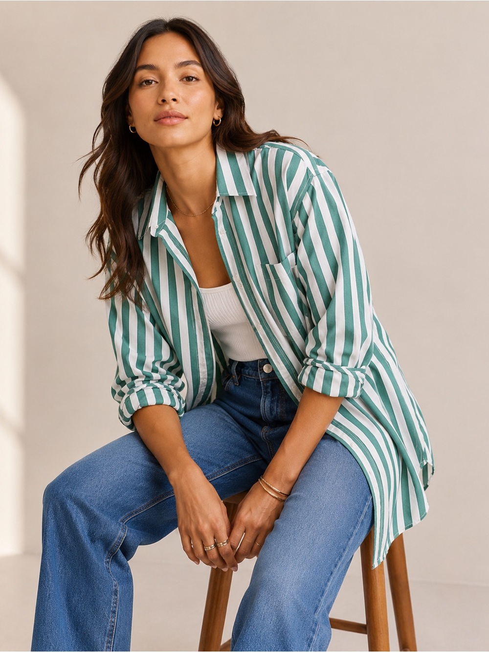LOFT Striped Poplin Everyday Oversized Pocket Shirt Green White Small Petite